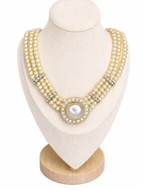 Vintage Multi-Strand Faux Pearl Statement Necklace Rhinestone Cabochon Chunky